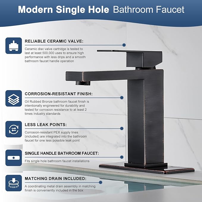 Oil Rubbed Bronze Bathroom Faucet, Single Hole Vanity Bath Faucet, Single Handle Modern Stainless Steel Bathroom Faucets for Sink 1 Hole with Pop Up Drain Stopper & Water Supply Hoses