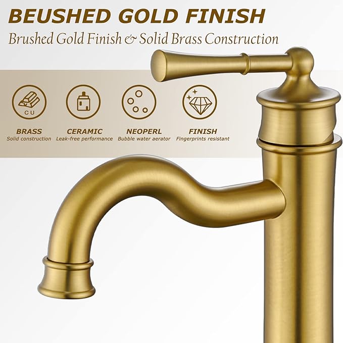 Vessel Sink Faucet Brushed Gold Bathroom Tall Faucet Single Hole Deck-Mount Pop up Drain Assembly Without Overflow Water Supply Lines Included