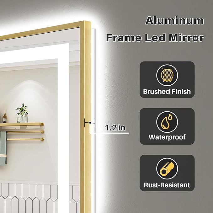 44x36 Inch LED Bathroom Mirror with Gold Frame, Backlit & Front Lit, Anti-Fog Lighted Bathroom Vanity Mirror for Wall, Memory Function, Dimmable, HD Tempered Glass, Shatter-Proof