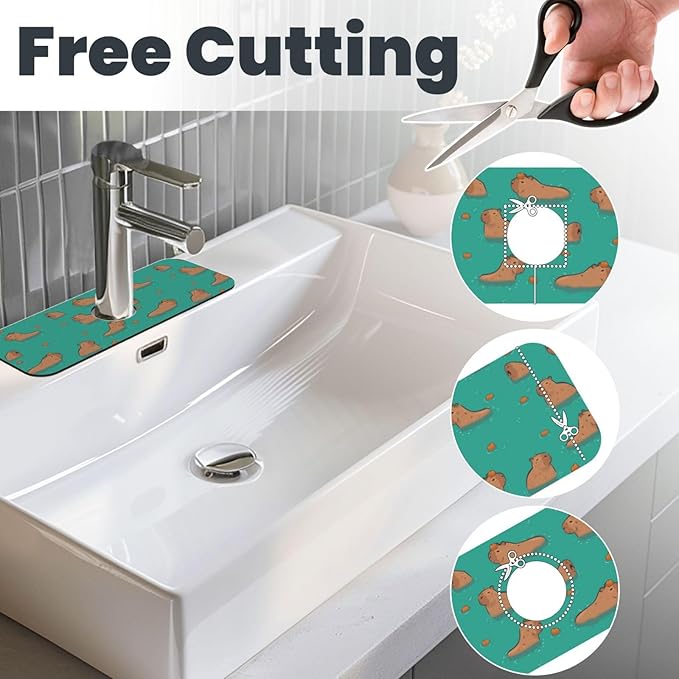 Cute Capybara Play Eat Food Kitchen Sink Splash Guard Faucet Mat Super Absorbent Fast Drying Mat Sink Gadgets-Fast Drying Pad Sink Mat For Kitchen Bathroom (15" X 5.5" )