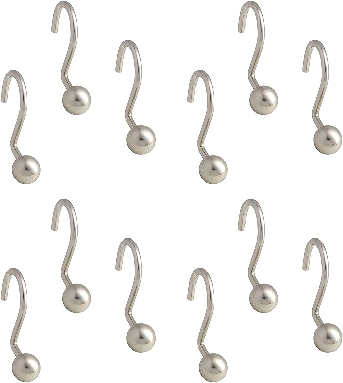 Popular Bath Ball Nickel Metal Shower Curtain Hooks Slips Through Curtain Grommet Easy To Install, Set of 12