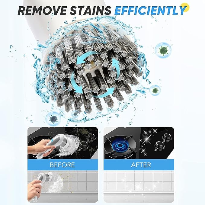 Cordless Handheld Rechargeable Electric Rotary Scrubber with 3 Replaceable Brush Heads, Suitable for Cleaning Tableware/Bathroom/Floor/Sink/Window