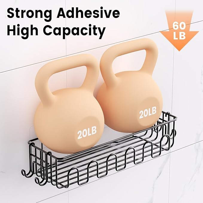Adhesive Shower Caddy: 2 Bonus Hooks, 4-Pack Wall Mounted Bathroom Storage Shelf, Rustproof Metal Basket Organizer for Kitchen & Bathroom Drill Free Black