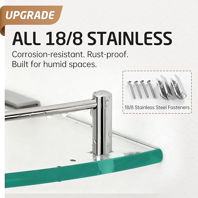 KES Glass Corner Shelf Bathroom Shelf Tempered Glass with Rail SUS 304 Stainless Steel Floating Wall Mount Bracket Polished Finish, BGS2101A
