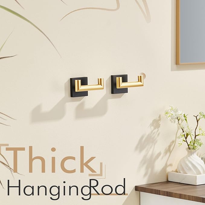 KOKOSIRI Robe Hooks Bath Towel Hooks Bathroom Hardware Double Coat Hooks Wall Mounted, Stainless Steel 2 Pack Black with Gold B1015GDK-P2