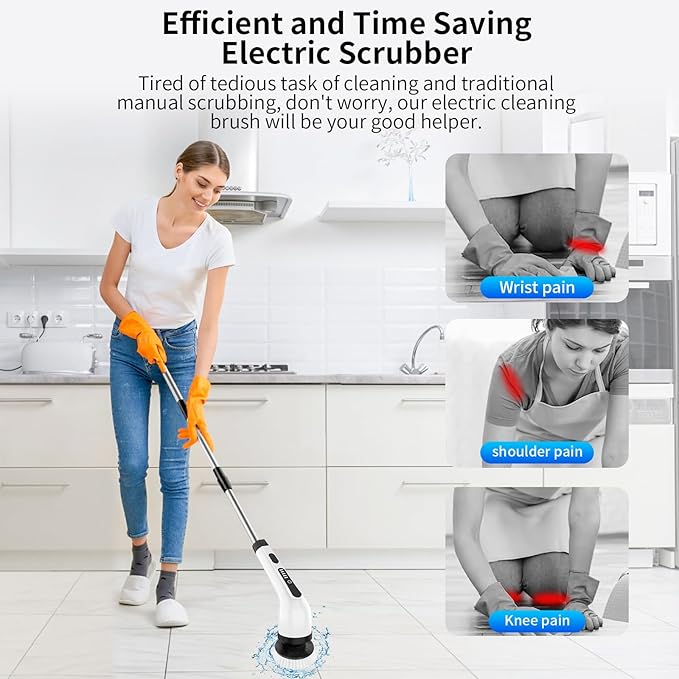 Electric Spin Scrubber Cordless Cleaning Brush with Extension Handle, 2 Adjustable Speeds, Shower Scrubber with 10 Replaceable Brush Heads, IPX7 Waterproof Power Scrubber for Bathtub Tile Floor, Green