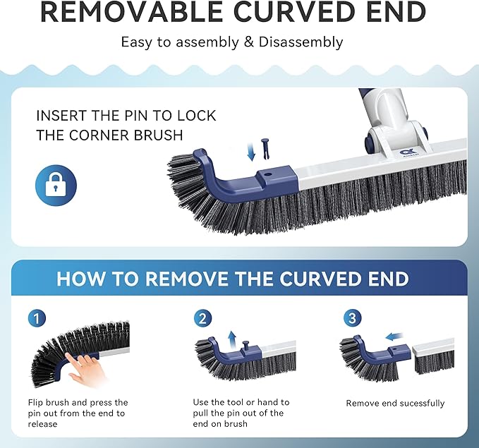 19" 2 in 1 Detachable Curved Edge Pool Brush Head for Inground/Above Ground Pool, Adjustable 180° Handle Rotation, ASA Material Pool Brush for Cleaning Pool Walls, Waterline Tiles & Floors