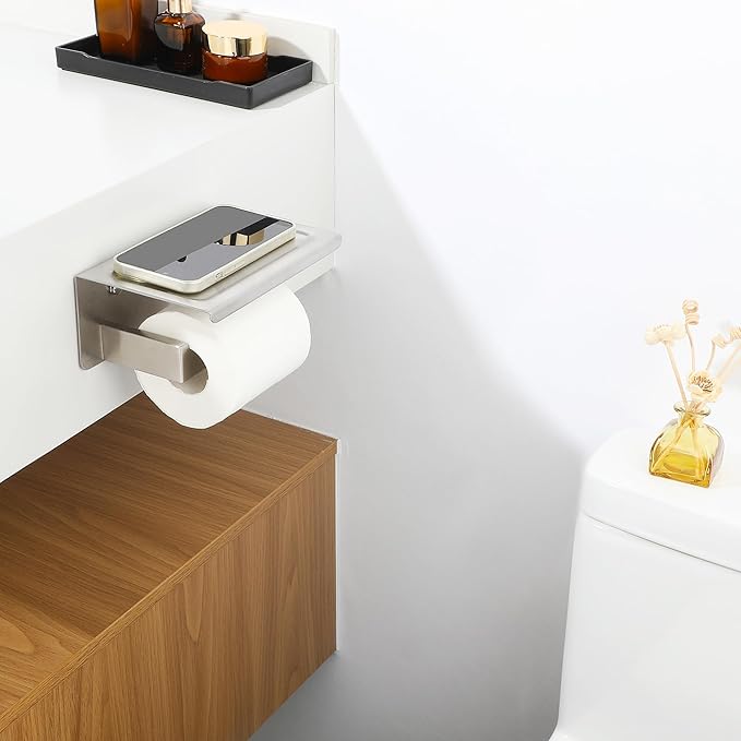 Alise Toilet Paper Holder,Bathroom Tissue Holder with Shelf,SUS304 Stainless Steel Toilet Paper Roll Holder Storage Dispenser,Self Adhesive or Wall Mount Drilling Paper Rack,Brushed Nickel