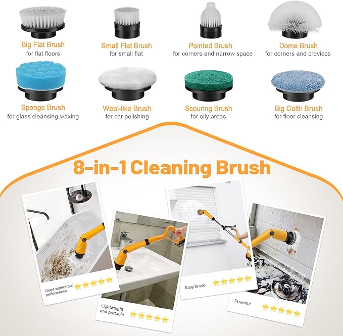 1500 RPM Electric Spin Scrubber for DeWalt 20V Battery, Power Shower Scrubber for Bathroom/Floor/Bathtub/Toilet/Tile,Electric Cleaning Brush with Long Handle & 8 Replaceable Brush