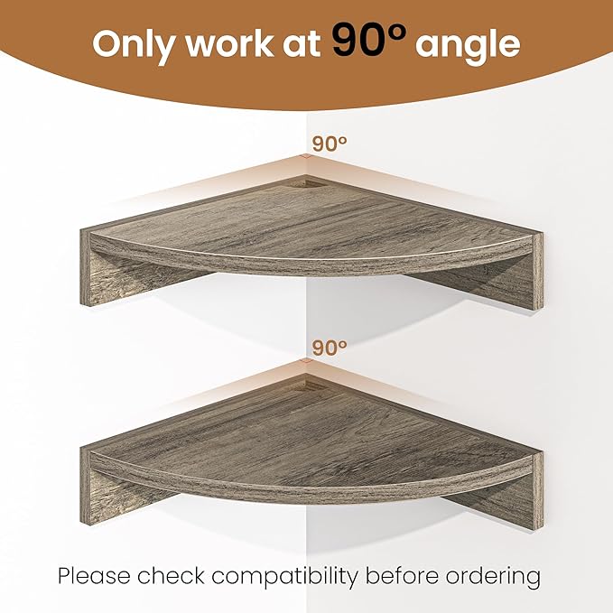 Fun Memories Corner Shelf Wall Mount, Wood Floating Corner Shelves,Corner Wall Shelf for Bedroom, Bathroom, Kitchen, Living Room (Grey, 3 Pack)