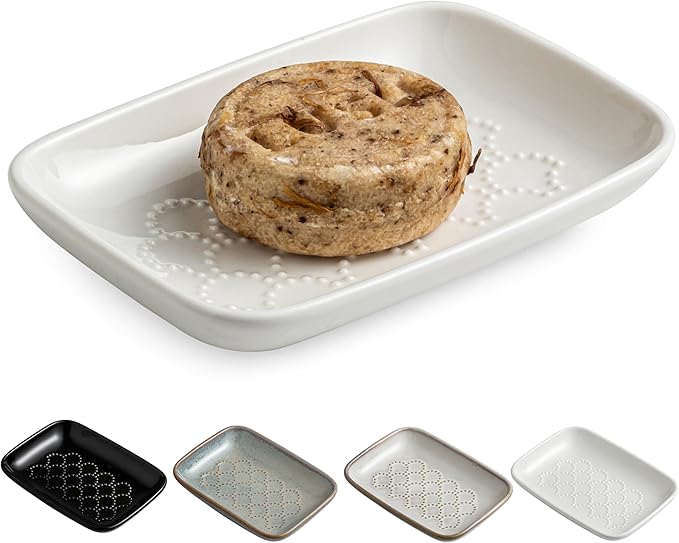 Gomakren Ceramic Soap Dish with Raised Scalloped Design, Versatile Soap Holder & Tray for Bathroom and Kitchen Sink, Prevents Soggy Soap, Rustic Modern Decor, Easy to Clean, White (5.59" x 4.02")