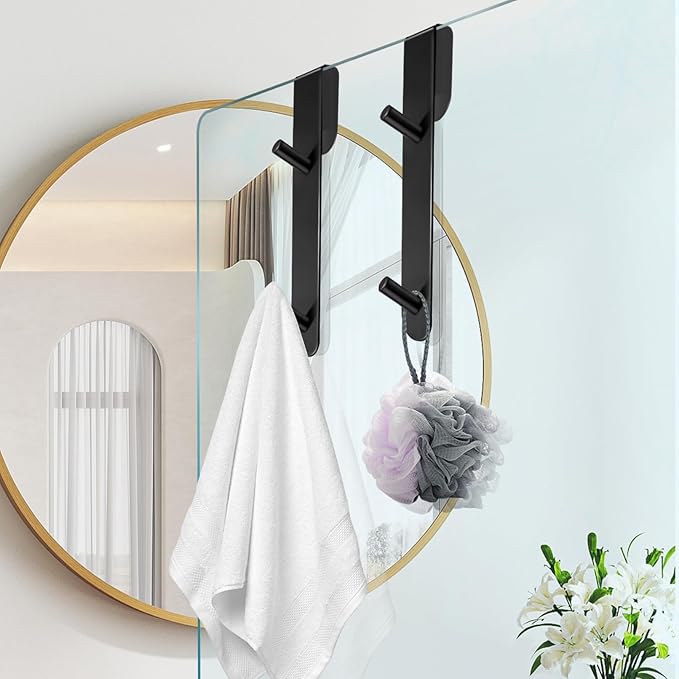 Over The Shower Door Hooks,2 Pack Removeable Double Bathroom Shower Hanger for Frameless Glass Door Hanging Bathrobe Towel,Extended Black Stainless Steel Heavy Duty Drill Free Holder 7.1 Inch 12mm