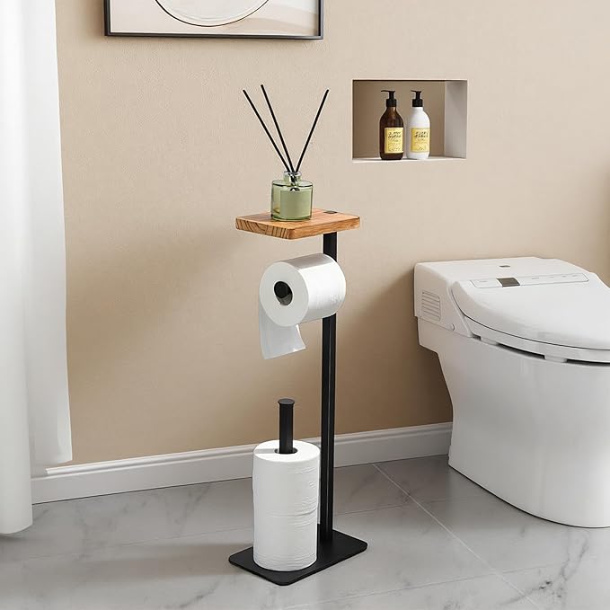 Holder Phone Toilet Paper Holder Stand - Toilet Paper Stand for 3 Rolls with Anti-Slip Base and Wood Shelf for Wipes, Natural Bathroom Decor