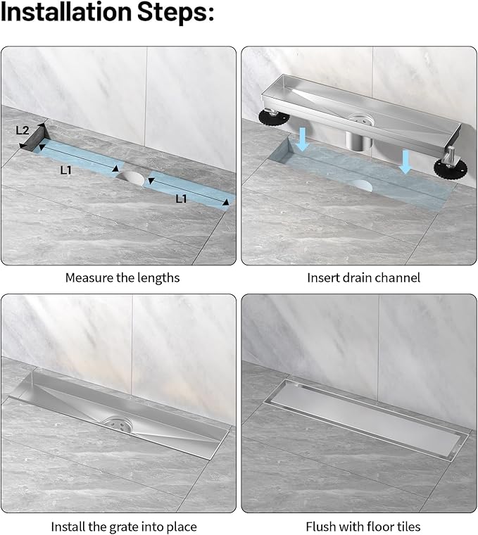 Linear Shower Drain, 304 Stainless Steel with Adjustable Leveling Feet, Hair Strainer,Reversely Install Place to Create an Invisible Floor Drain - Silver -12-Inch