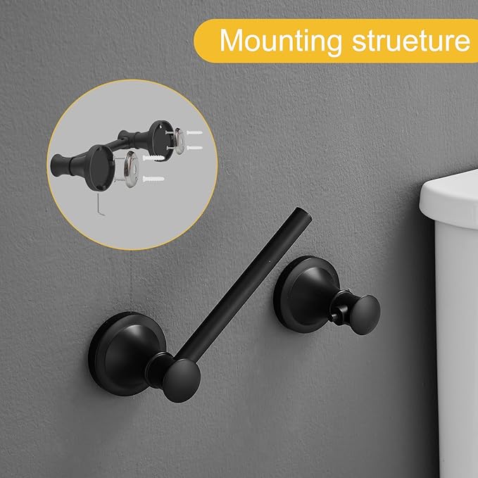 BESy Wall Mounted Toilet Paper Roll Holder Rustproof Toilet Tissue Holder Bathroom Flexible Pivoting Handle Tissue Roll Holder, Matte Black, Stainless Steel