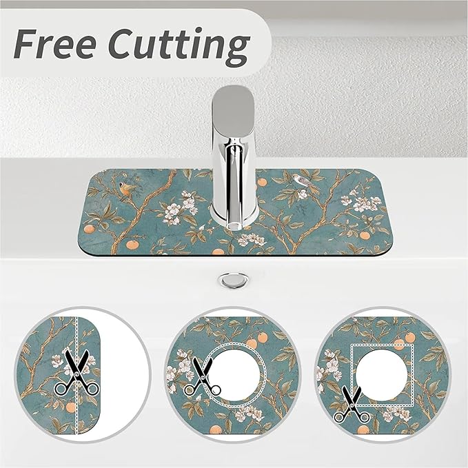 Kitchen Sink Splash Guard，oranges tree with birds Faucet Mat Sink Gadgets-Super Absorbent Fast Drying Mat Drip Catcher for Kitchen, Bathroom,Sink Mat, Dish Drying Mat, Bathroom(15" X 5.5" )