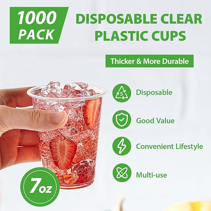 Lilymicky 1000 PACK 7 oz Clear Plastic Cups, 7 Ounce Disposable Drinking Cups for Birthday Parties, Picnics, Ceremonies, and any Events
