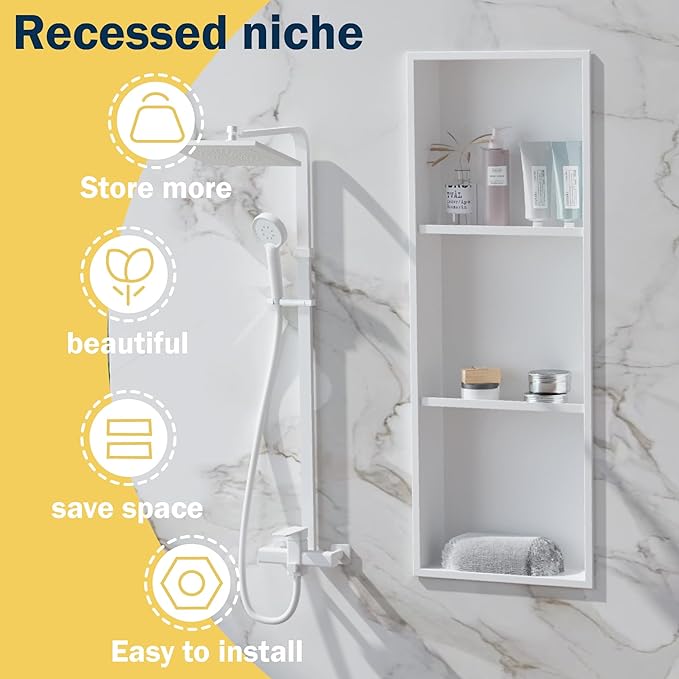 Stainless Steel Recessed Shower Caddy ，Organizer Storage for Room,Bathroom Insert Shelf with Three-Tier Shelves，Matte White （ 36" X 12"）