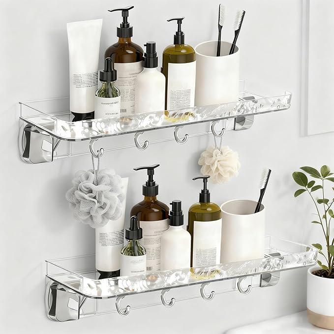 Shower Caddy Suction Cup 2-Pack, Shower Organizer with NO Drill Removable Design Powerful Suction, Holds 22lbs, 8 Hooks for Bathroom Storage, Shower Shelves Kitchen