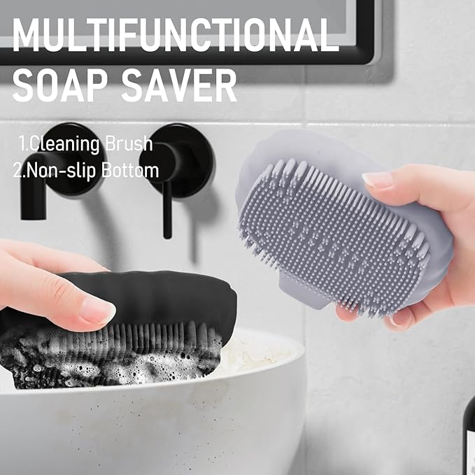 Silicone Soap Dish with Drain 2 Pcs, Anti-Slip Bathroom Bar Soap Holder Dishes Self Draining Waterfall Saver Plate for Shower Sink - Unique Bottom Brush Easy Dry & Clean (Khaki + Lavender Grey)
