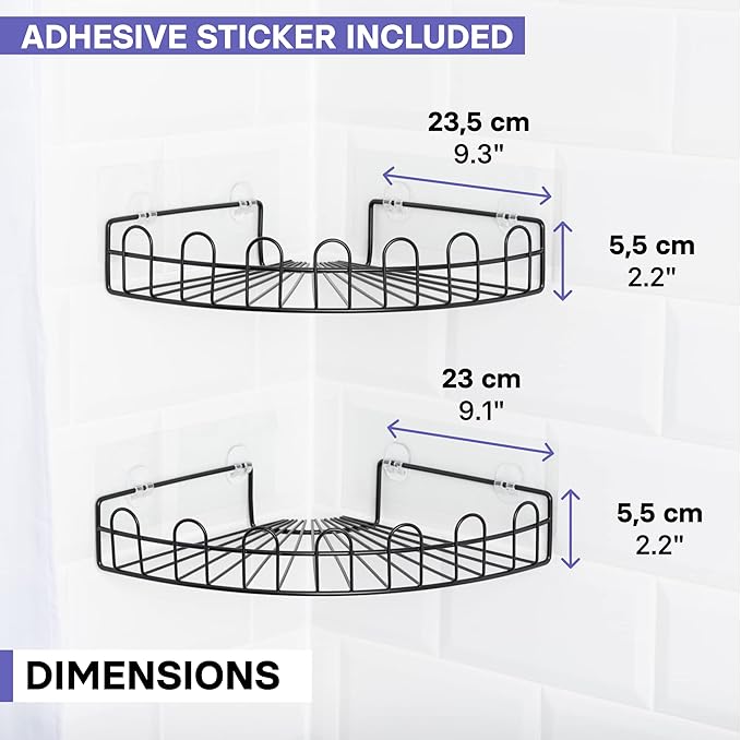 KINCMAX Corner Shower Caddy, Rustproof SUS304 Stainless Steel, Adhesive Wall Mount Double Baskets 2-pack (Matte Black)