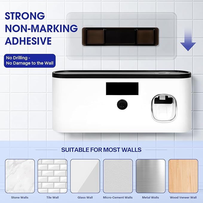Punch-Free Wall Mounted Bathroom Toothbrush Holder, 5 Toothbrush Slots, Bathroom Toothbrush Sterilizer with Toothpaste Dispenser USB Charging Toothbrush Holder (White)