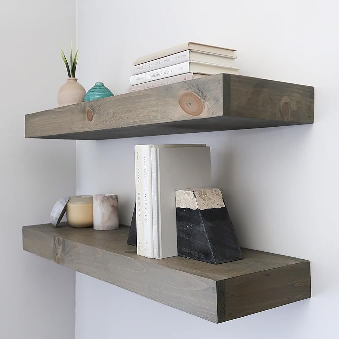 Urbandi Modern Floating Shelves 3 Inches Thick for Wall, Wide Shelves for Kitchen, Living Room, Bedroom, and Bathroom, Natural Pine Wood, Rustic Wooden Shelf, (Set of 2) (Aged Barrel, 48Lx3Hx6D)