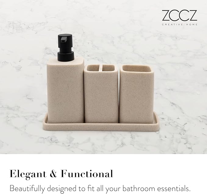 ZCCZ Black Bathroom Accessory Sets, 4 Pieces Bathroom Accessories Complete Set Vanity Countertop Accessory Set Marble Look, Includes Lotion Dispenser Soap Pump, Tumbler, Toothbrush Holder and Tray