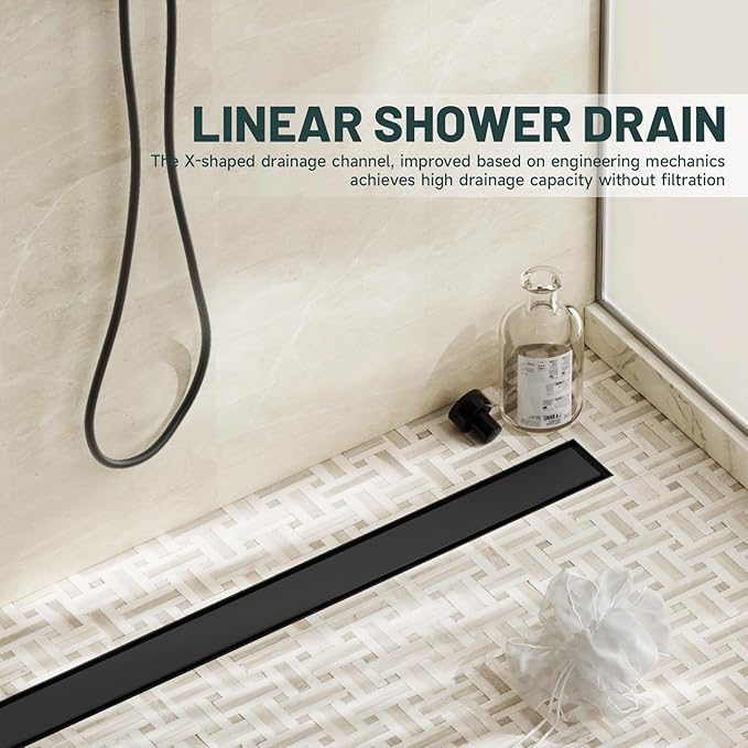 32-Inch Linear Shower Floor Drain, Stainless Steel Bathroom Floor Drains, Rectangular Shower Trench Floor Drain, Hair Strainer, Matte Black
