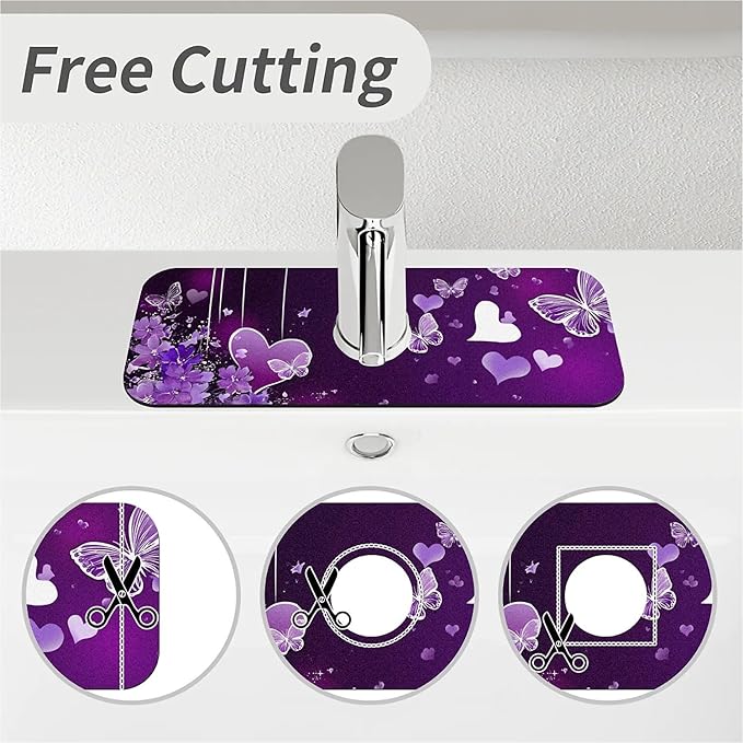 Kitchen Sink Splash Guard，Purple flowers and butterflies Faucet Mat Sink Gadgets-Super Absorbent Fast Drying Mat Drip Catcher for Kitchen, Bathroom,Sink Mat, Dish Drying Mat, Bathroom(15" X 5.5" )