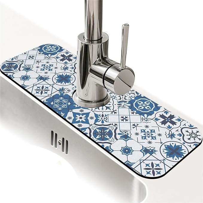 Kitchen Sink Splash Guard，Floral Mosaic stitching Faucet Mat Sink Gadgets-Super Absorbent Fast Drying Mat Drip Catcher for Kitchen, Bathroom,Sink Mat, Dish Drying Mat, Bathroom(15" X 5.5" )