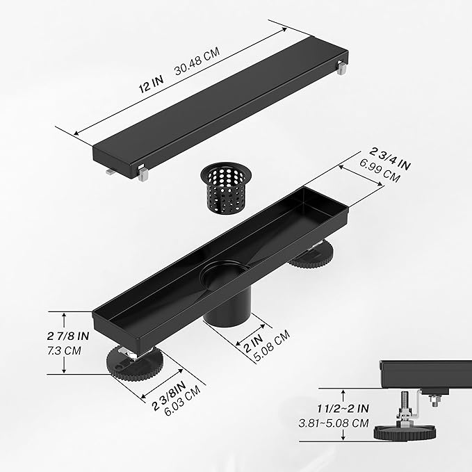 Linear Shower Drain, Linear Drains. Shower Trench Drain with 2-in-1 Flat Cover & Inser Cover,304 Stainless Rectangle Steel Shower Floor Drain with Hair Strainer and Leveling Feet (Black, 12 in)