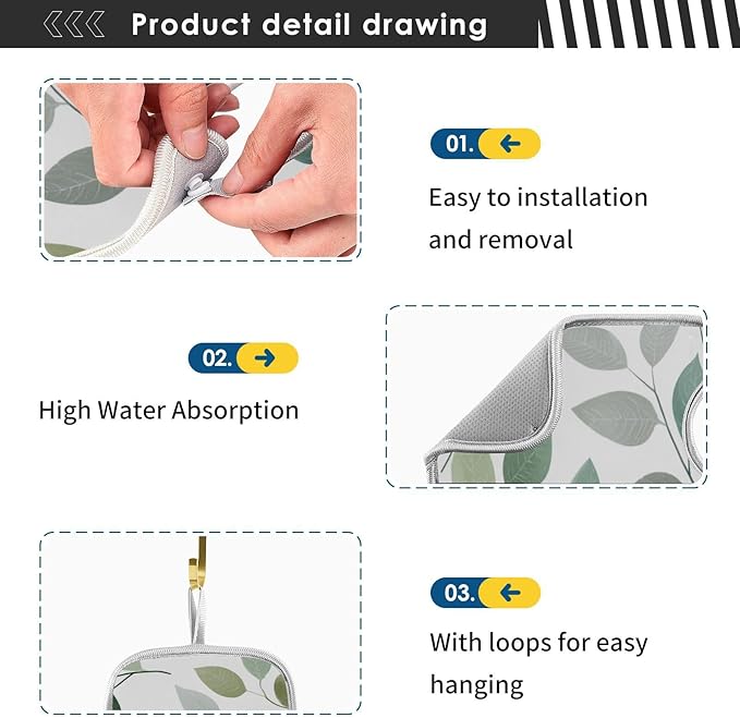 2 PCS Kitchen Sink Splash Guard 23.6 Inch Faucet Mat for Kitchen Sink Bathroom Sink Faucet Absorbing Drip Drain Mat Pad Microfiber Soft Washable Green and Grey Leaves
