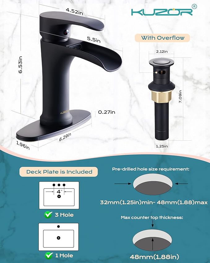 Matte Black Waterfall Single Hole Bathroom Faucet - Stainless Steel Vanity Sink Faucet with Metal Pop Up Drain, Quick Install Low Profile Design