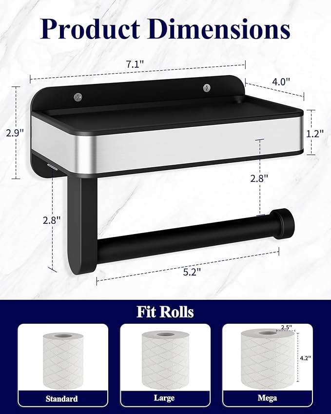 Kitsure Toilet Paper Holder with Shelf - Adhesive & Screw Wall Mount Toilet Paper Storage, Matte Black Design for Bathroom Decor, Space-Saving for Washroom, RV, Black, 7.1" W