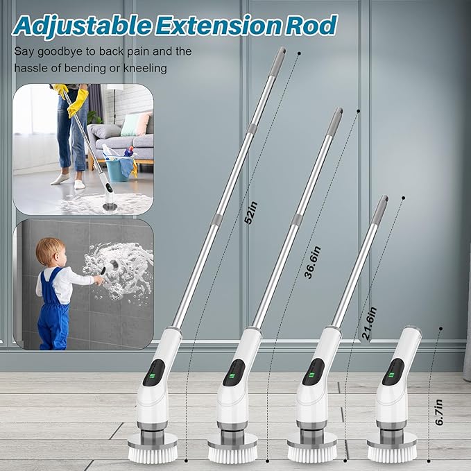 Electric Spin Scrubber for Cleaning: Cordless Scrub Brush with Extension Handle and Adjustable Speeds - Power Scrubbers for Cleaning Bathroom Shower Tub Tile Floor Car (Gray)