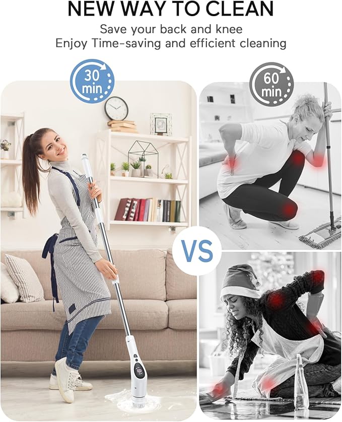 Electric Spin Scrubber, Cordless Voice Prompt Cleaning Brush with 9 Replaceable Brush Heads, 3 Adjustable Speeds Shower Scrubber with Extension Long Handle for Bathroom Floor Tile