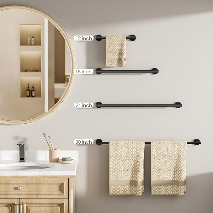FORIOUS Black Towel Bar for Bathroom Wall, 24 Inch Stainless Steel Towel Racks for Bathroom, Includes Wall Mounting Hardware (Matte Black,Total Length 26-Inch)