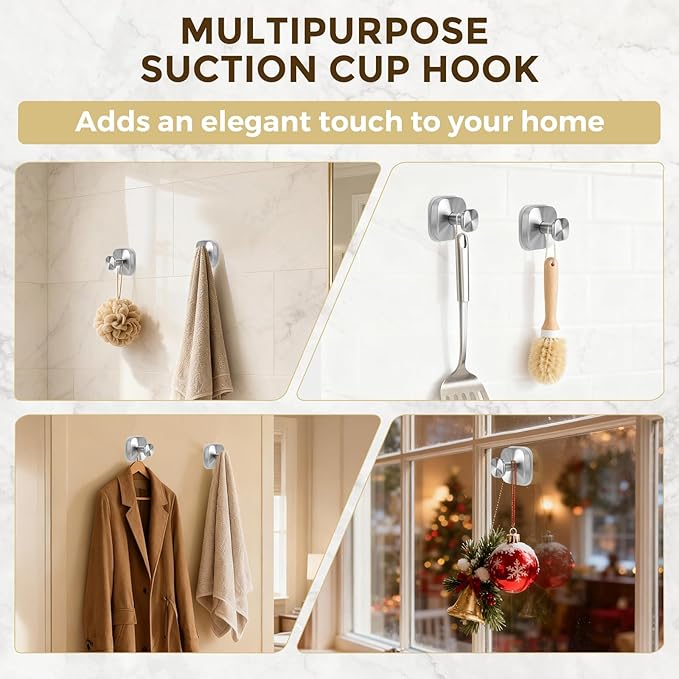 Suction Cup Hooks for Shower, No-Drill Towel Hooks for Bathrooms, Kitchen, Glass Door, Mirror, Tile, Shower Suction Hooks for Hanging Towels, Robe, Loofah, Christmas Wreath (Brushed Nickel, 4 Pack)