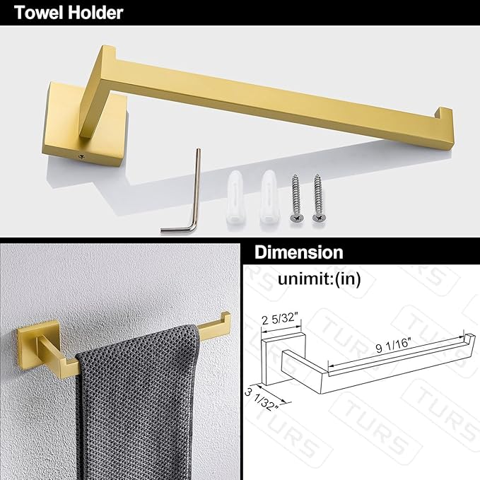 TURS Brushed Gold 4-Pieces Bathroom Hardware Set Towel Bar Set Include 16 Inch Single Towel Bar Towel Holder Toilet Paper Holder Towel Wall Mounted Robe Hook, Stainless Steel