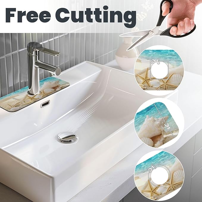 Summer Beach Starfish Sea Shell Blue Sky Sun Kitchen Sink Splash Guard Faucet Mat Super Absorbent Fast Drying Mat Sink Gadgets-Fast Drying Pad Sink Mat For Kitchen Bathroom (15" X 5.5" )