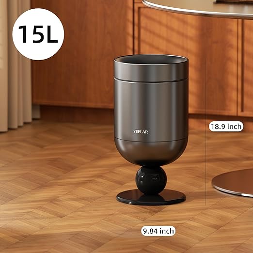 Bathroom Metal Trash Can, 4 Gallon (15 L) Garbage Can Lid-Free, Trash Bin for Bedroom, Office, Living Room (Grey, Top Open)
