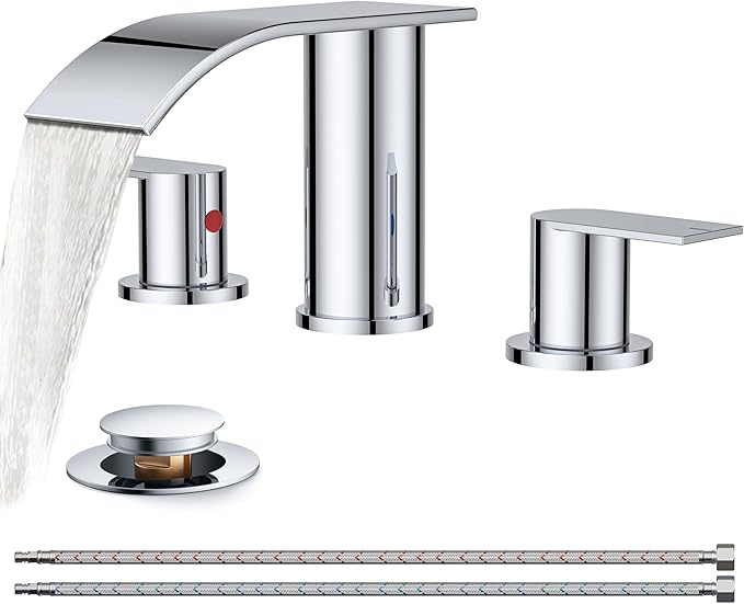 FORIOUS Upgrade Chrome Waterfall Bathroom Faucets 3 Hole, 8 Inch Widespread Modern Bathroom Sink Faucet with Metal Pop-up Drain and Supply Lines, Two Handles for Vanity, Farmhouse, Remodel