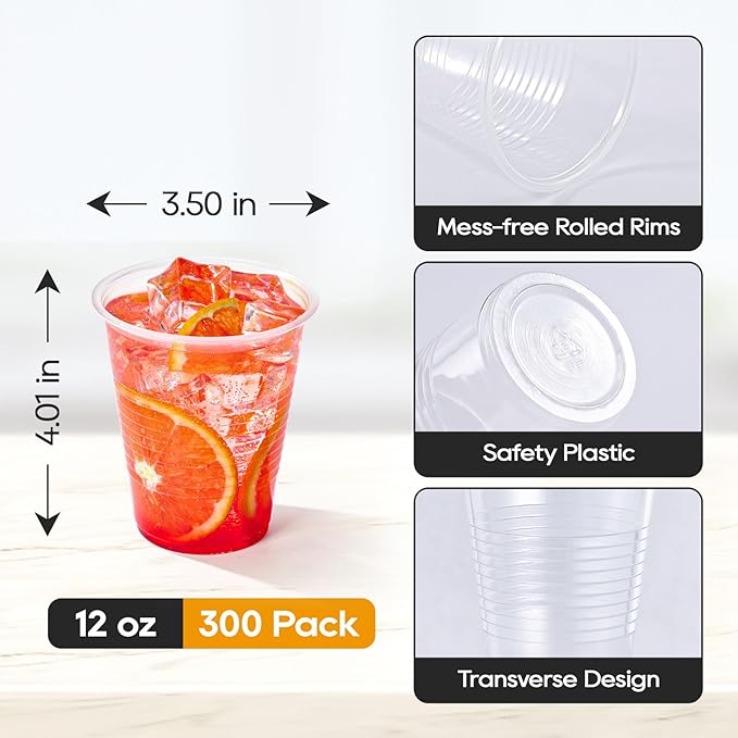 Turbo Bee 12oz Plastic Cups 300 Pack，Disposable Clear Drinking Cups for Home, School, Office & Events，Transparent Tumblers for Drinks, Samples & Commercial Use
