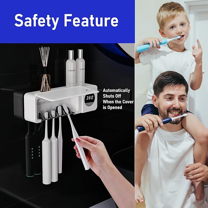 UV Toothbrush UV Light Cleaning Holder - Rechargeable Tooth Brush Smart Cleaner with Light Cleaning Air Drying - Bathroom Wall Mount Holders Cleaning and Drying