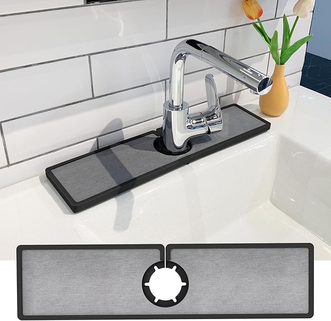Gosmol Faucet mat for Kitchen Sink, Silicone & Stone Drying Mat for Kitchen Sink, Water Absorbing Stone Tray for Sink, Prevents Moisture Buildup - Sink Splash Guard for Bathroom Counter -Black