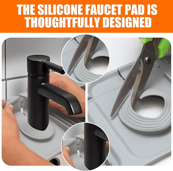 24" Gray Longer Silicone Faucet Mat – Quick-Dry Button Style Drip Catcher 6° Slope Splash Guard | Easy-to-Use Behind Faucet Drain Mat for Kitchen & Bathroom Countertops
