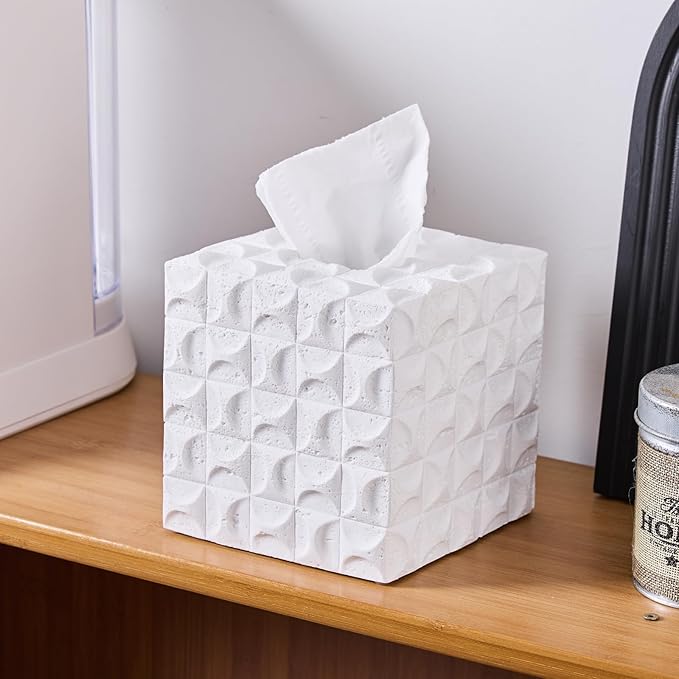 White Mosaic Tissue Box Cover Square for Home Decor, Relief Sculptured Geometric Cube Resin Heavy Tissue Box Holder for Bathroom Countertop, Tabletop, Night Stand, Office Desk