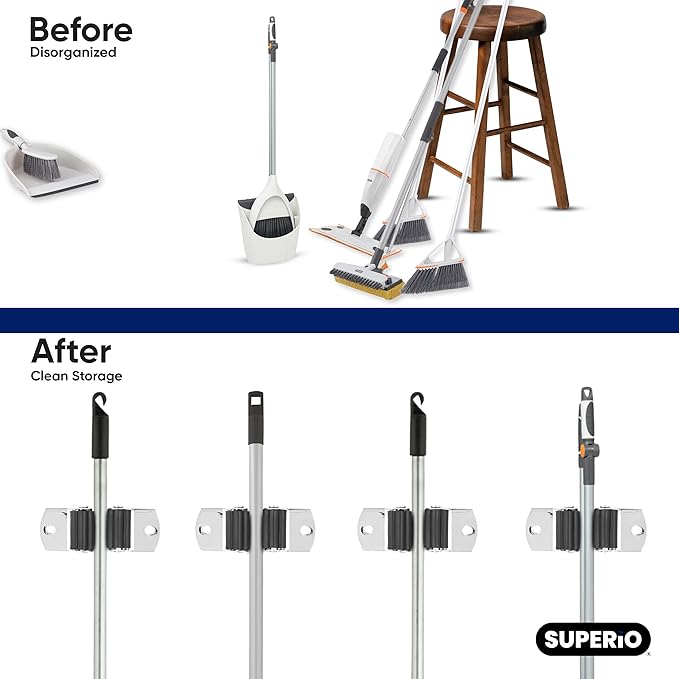 Superio Mop and Broom Holder, Set of 12 Single Piece Hooks, Stainless Steel Wall Mount Cleaning Storage Tool Organizer, Heavy-Duty Hook for Kitchen, and Office