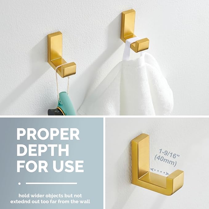 Angle Simple Towel Hook Brassy Gold 2 Pack, 304 Stainless Steel Robe Hook for Bathroom